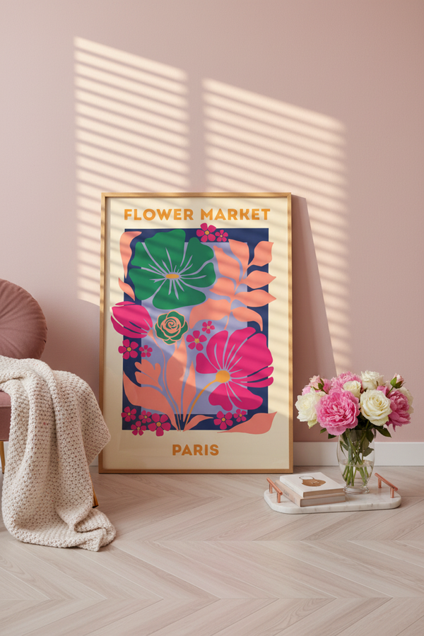 Paris Flower Market Art Print shown framed in a modern room setting