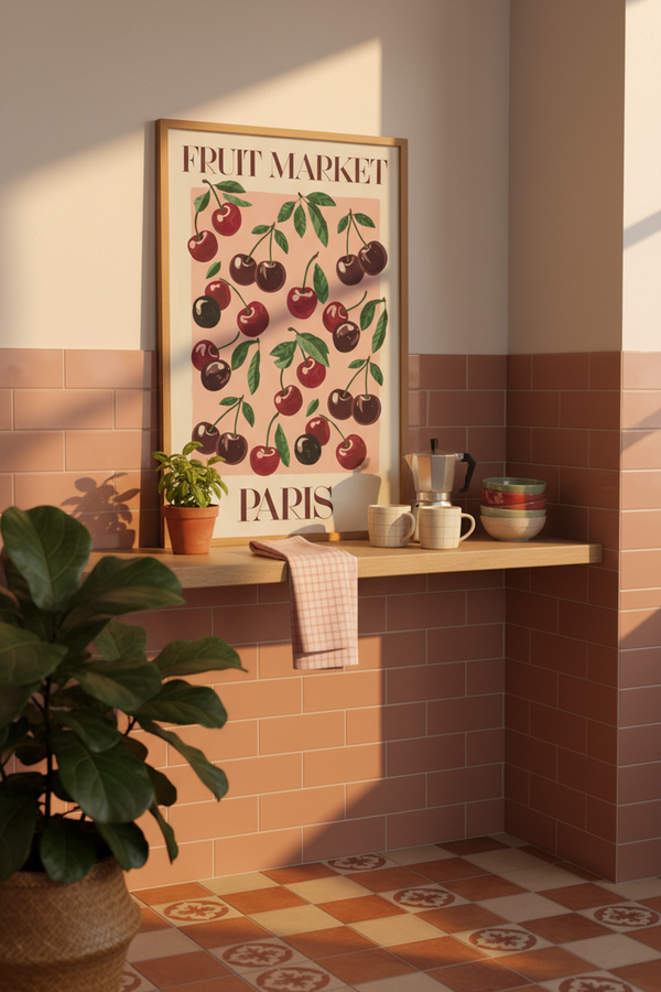 Paris Fruit Market Cherry Art Print shown framed in a modern room setting