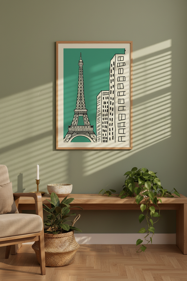 Parisian Eiffel Tower City Art Print shown framed in a modern room setting