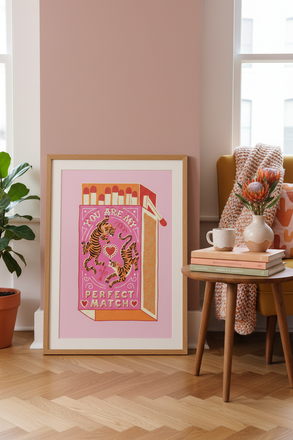 Perfect Match Tigers Art Print shown framed in a modern room setting