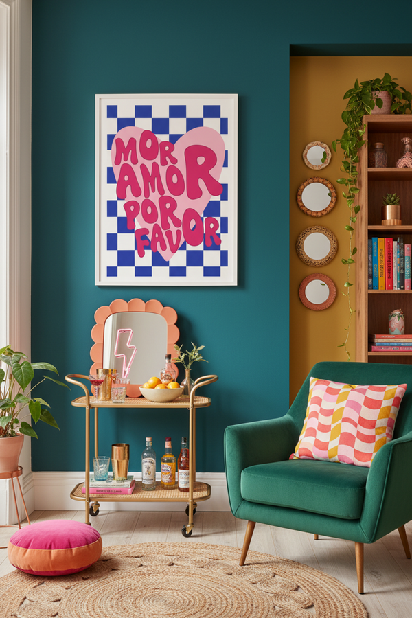 Playful 'Amor Por Favor' Art Print shown framed in a modern room setting