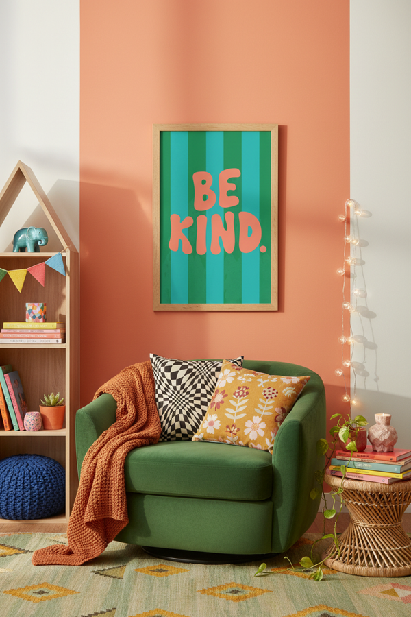Playful 'Be Kind' Typography Art Print shown framed in a modern room setting