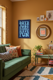 Playful 'Boys Just Wanna Have Fun' Print shown framed in a modern room setting