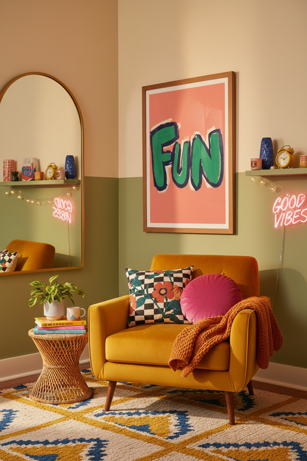 Playful 'Fun' Typography Art Print shown framed in a modern room setting