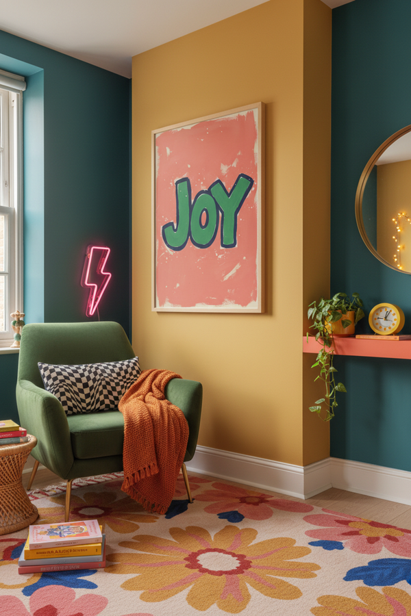 Playful 'Joy' Typography Art Print shown framed in a modern room setting