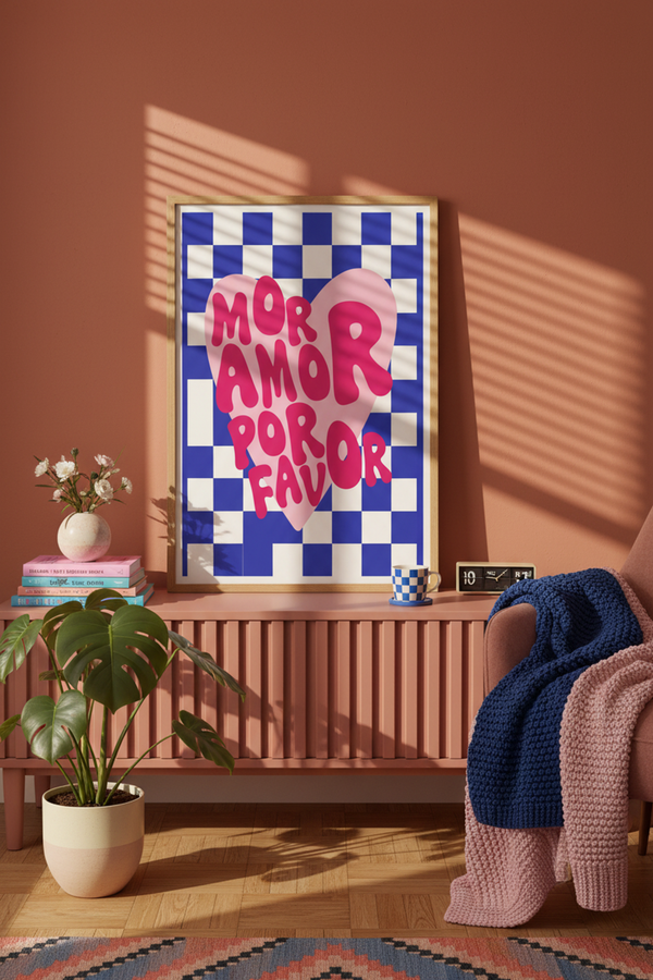 Playful 'Mor Amor Por Favor' Art Print shown framed in a modern room setting