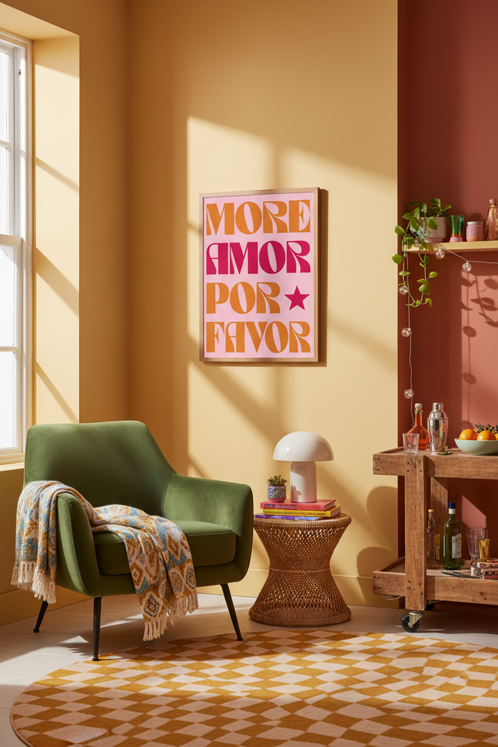 Playful 'More Amor Por Favor' Art Print shown framed in a modern room setting