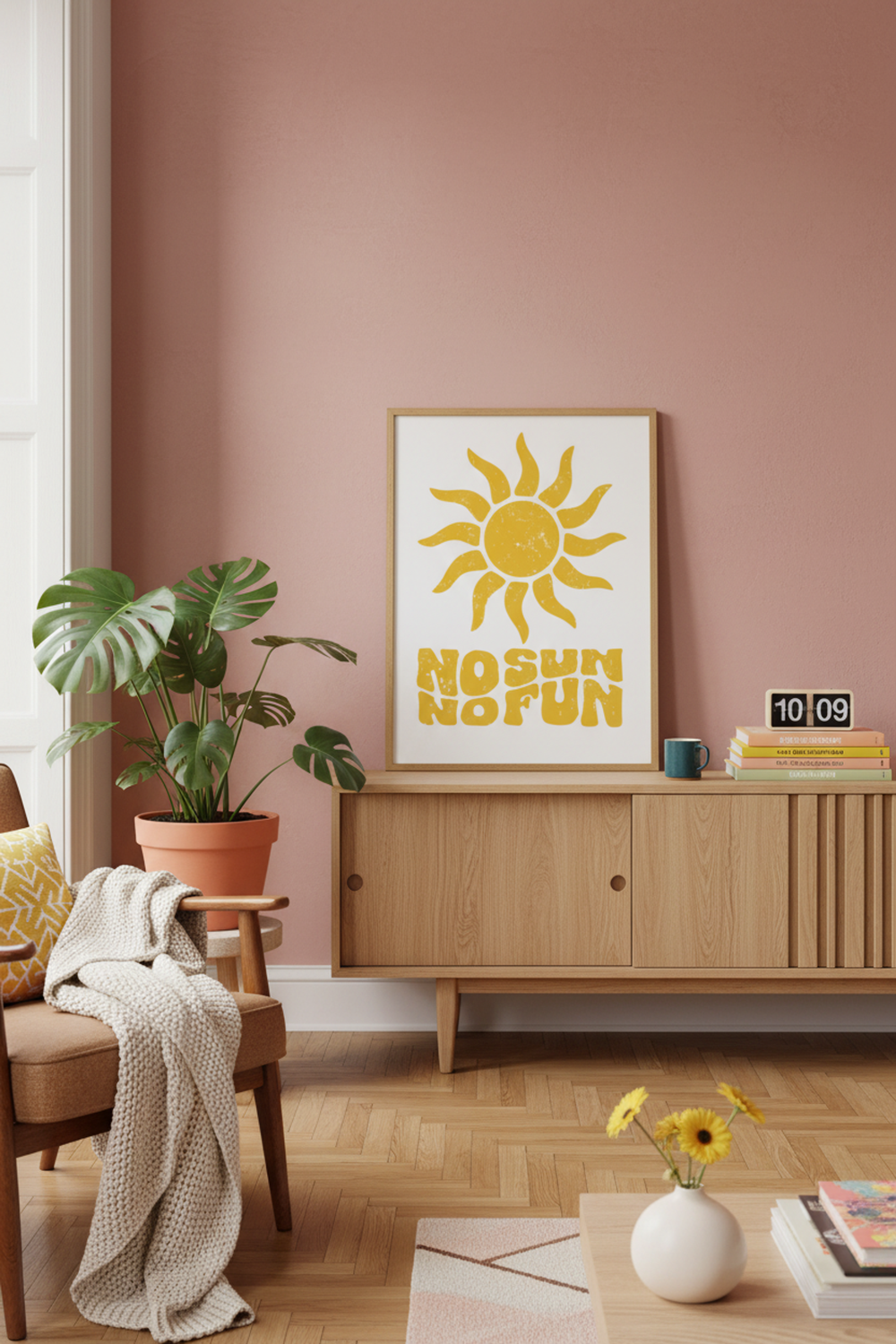 Playful 'No Sun No Fun' Art Print shown framed in a modern room setting