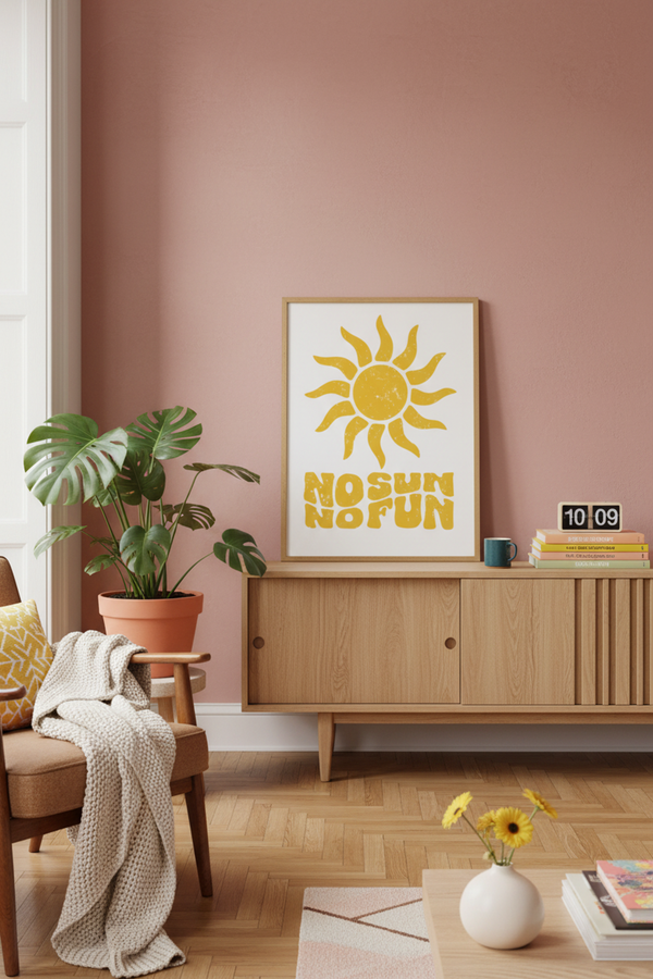 Playful 'No Sun No Fun' Art Print shown framed in a modern room setting