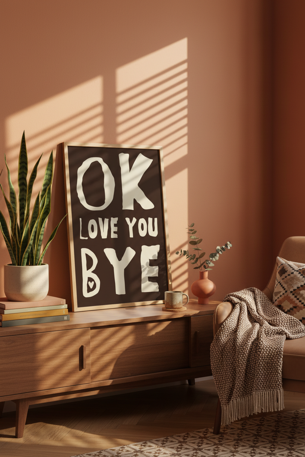 Playful 'OK Love You Bye' Art Print shown framed in a modern room setting