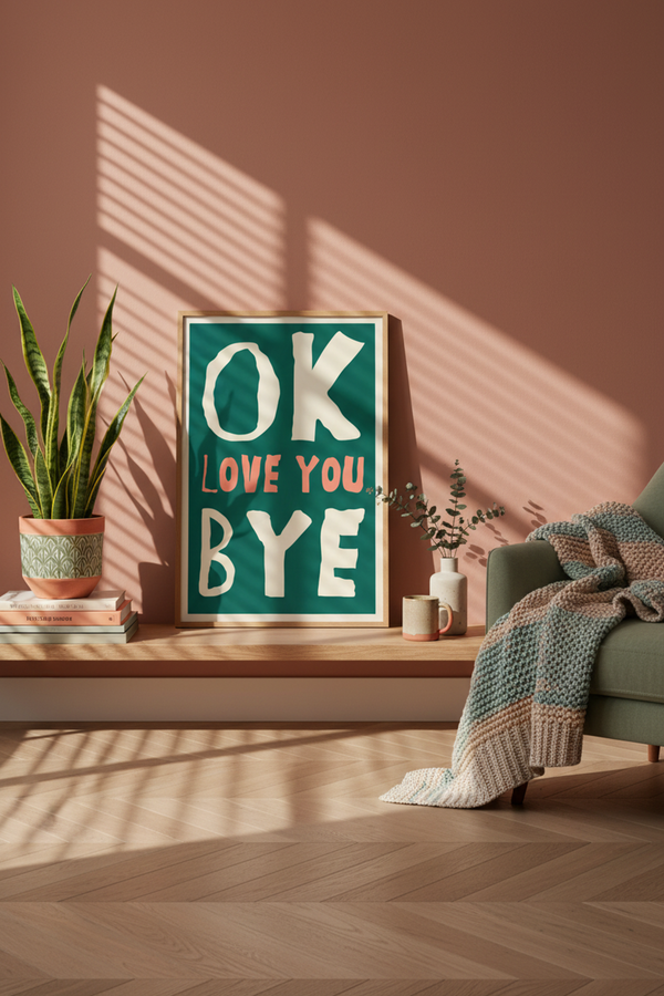 Playful 'OK Love You Bye' Art Print shown framed in a modern room setting