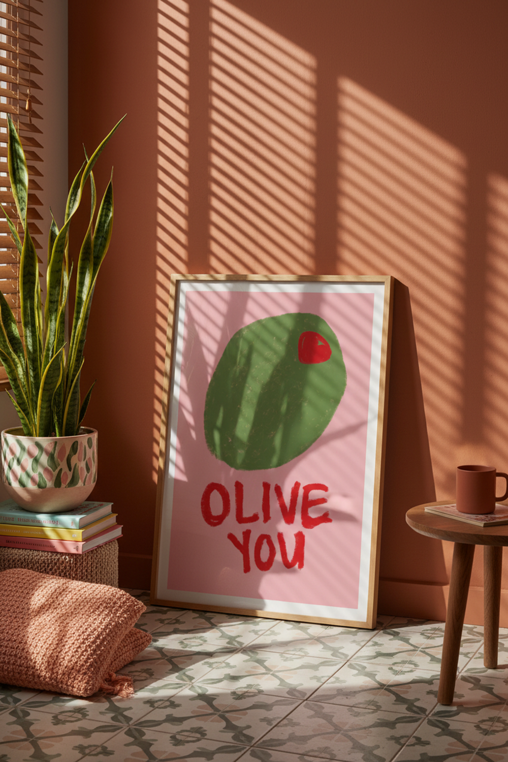 Playful 'Olive You' Quote Art Print shown framed in a modern room setting