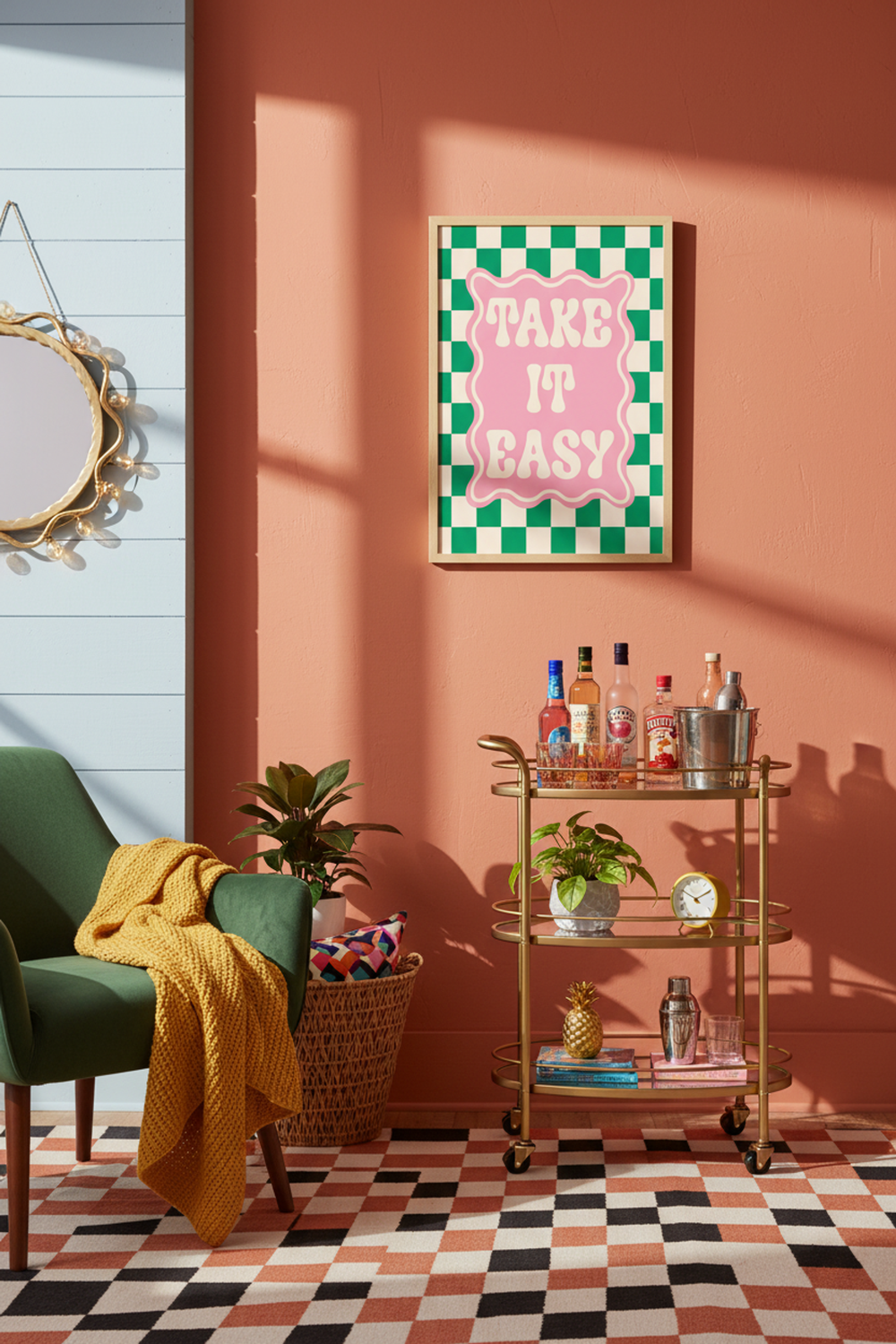 Playful 'Take It Easy' Quote Art Print shown framed in a modern room setting