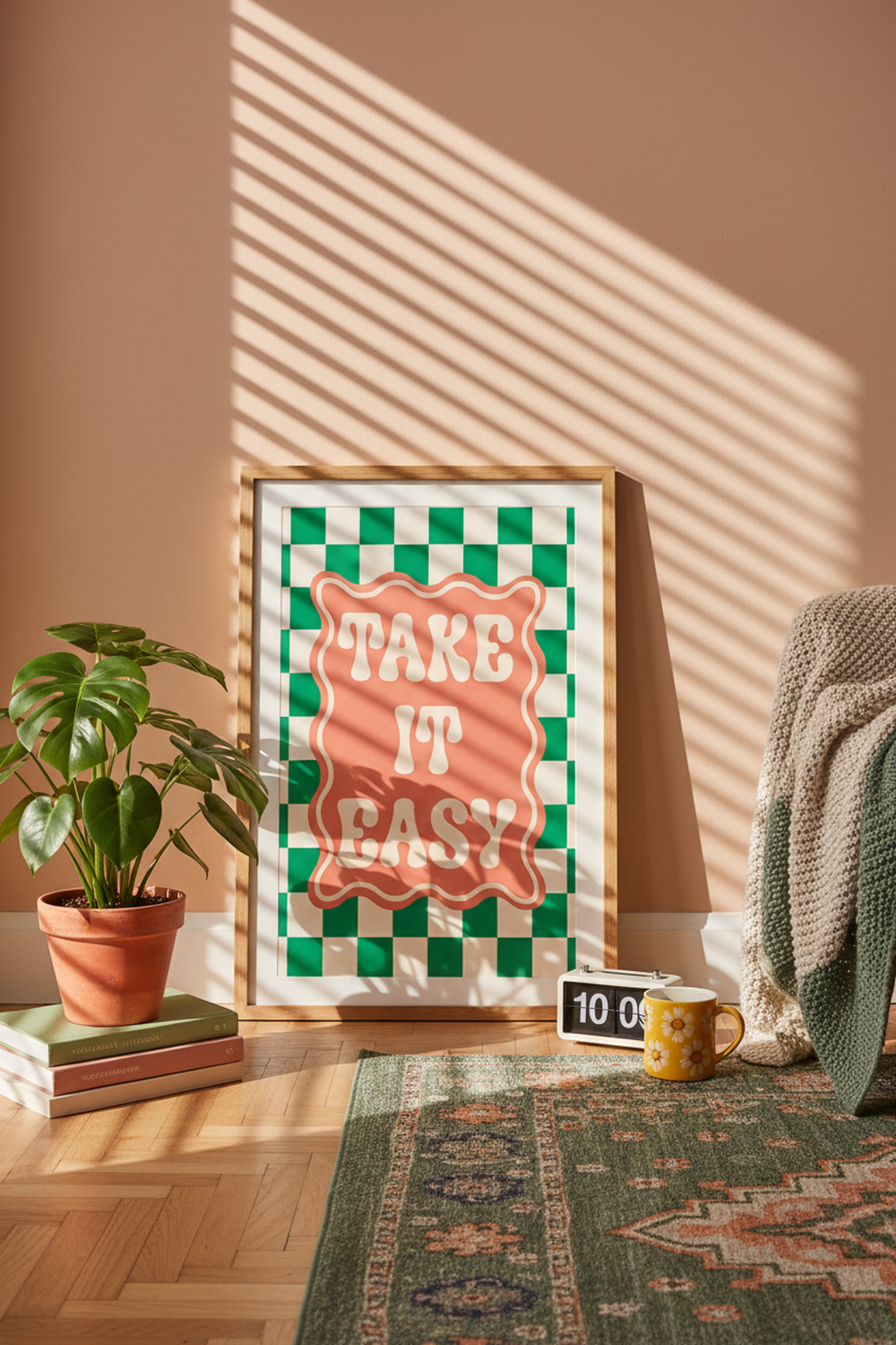 Playful 'Take It Easy' Typography Print shown framed in a modern room setting