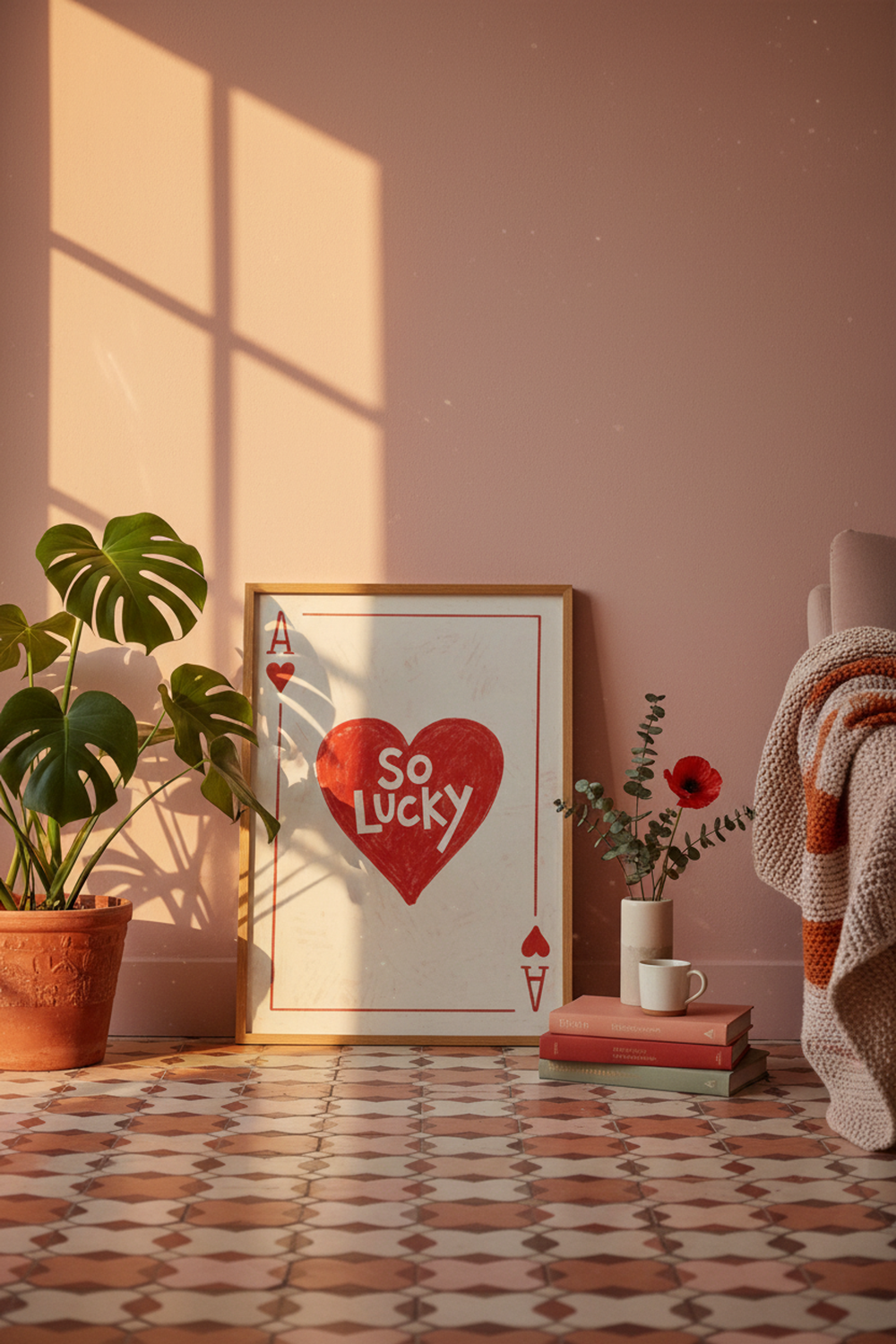 Playful Ace of Hearts Art Print shown framed in a modern room setting