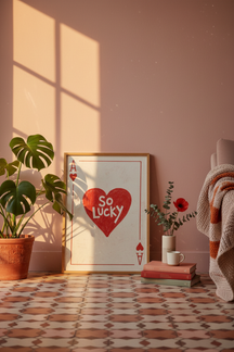 Playful Ace of Hearts Art Print shown framed in a modern room setting