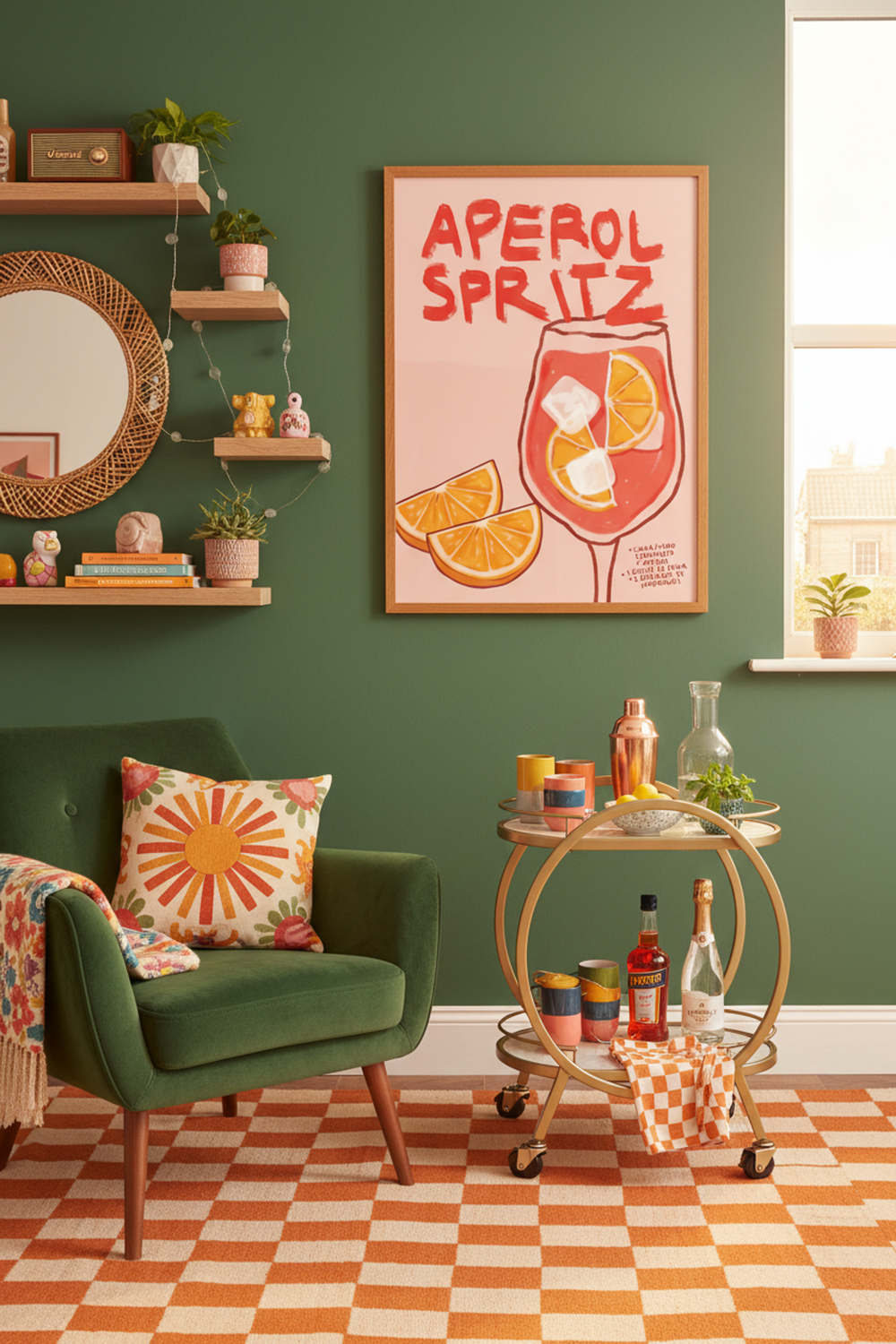 Playful Aperol Spritz Art Print shown framed in a modern room setting