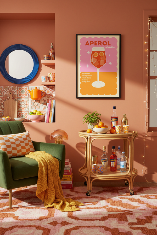 Playful Aperol Spritz Recipe Art Print shown framed in a modern room setting