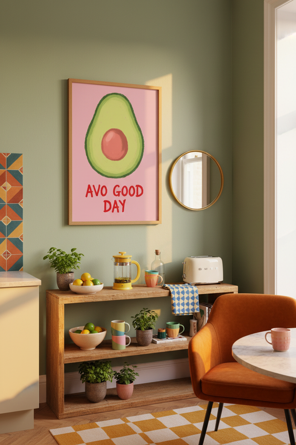 Playful Avocado Pun Art Print shown framed in a modern room setting