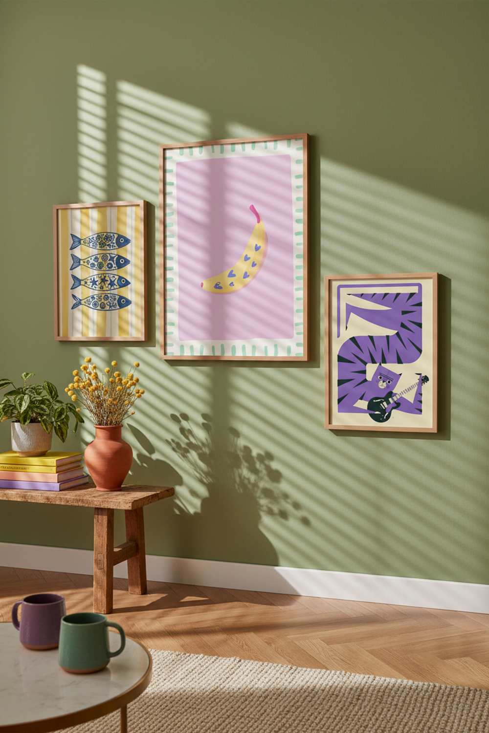 Playful Banana Hearts Art Print as part of a gallery wall arrangement