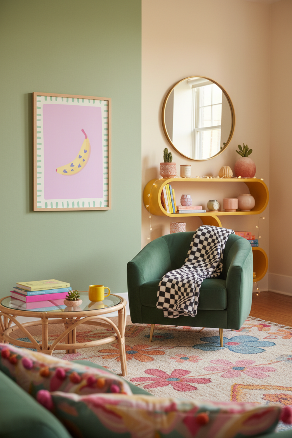 Playful Banana Hearts Art Print shown framed in a modern room setting