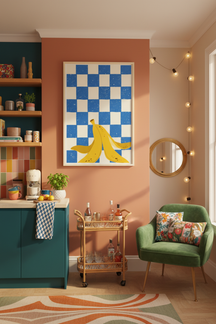 Playful Banana Peel Checkerboard Art Print shown framed in a modern room setting
