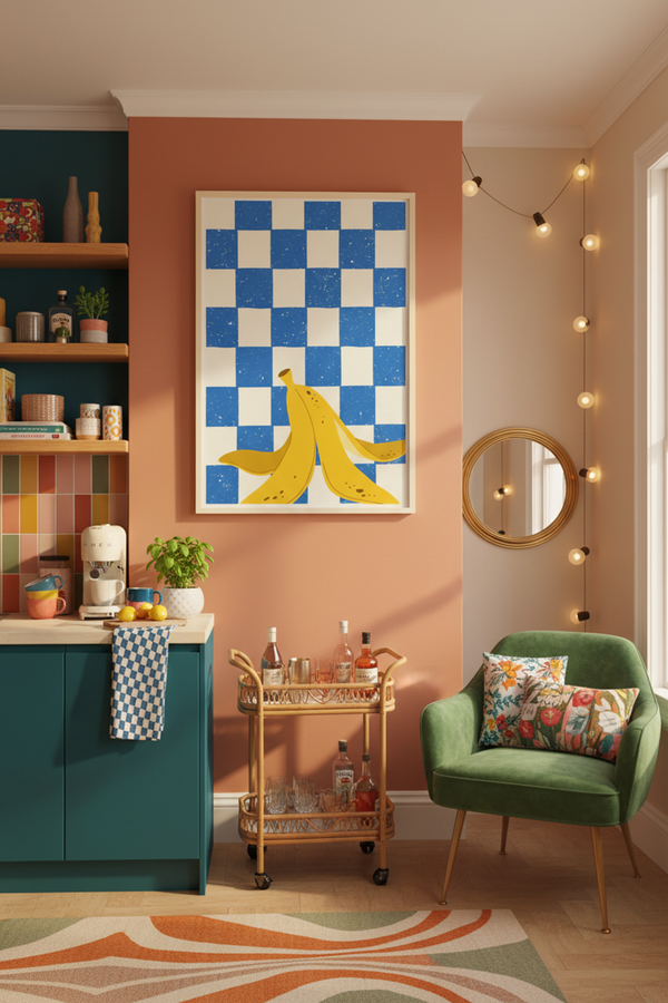 Playful Banana Peel Checkerboard Art Print shown framed in a modern room setting