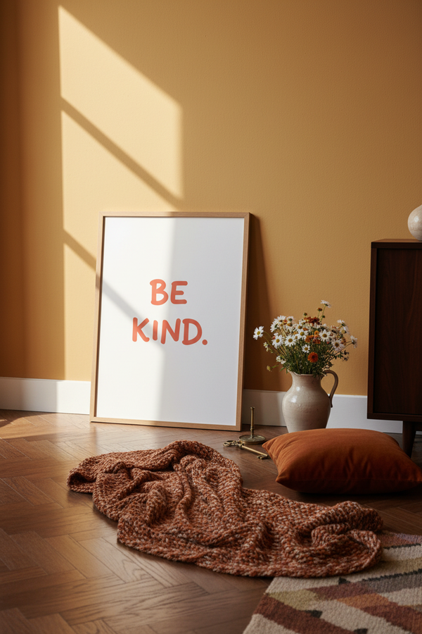 Playful Be Kind Typography Art Print shown framed in a modern room setting