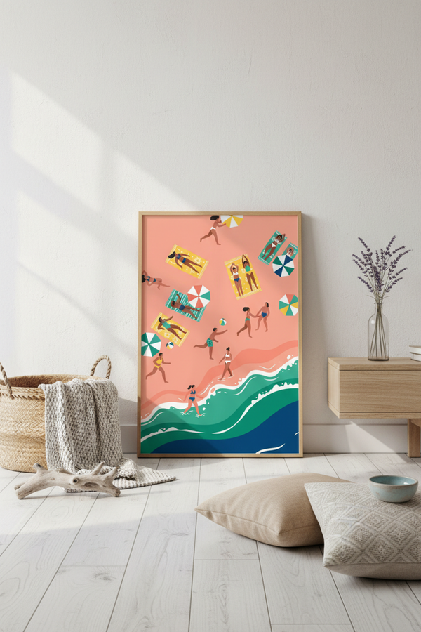 Playful Beach Day Art Print shown framed in a modern room setting