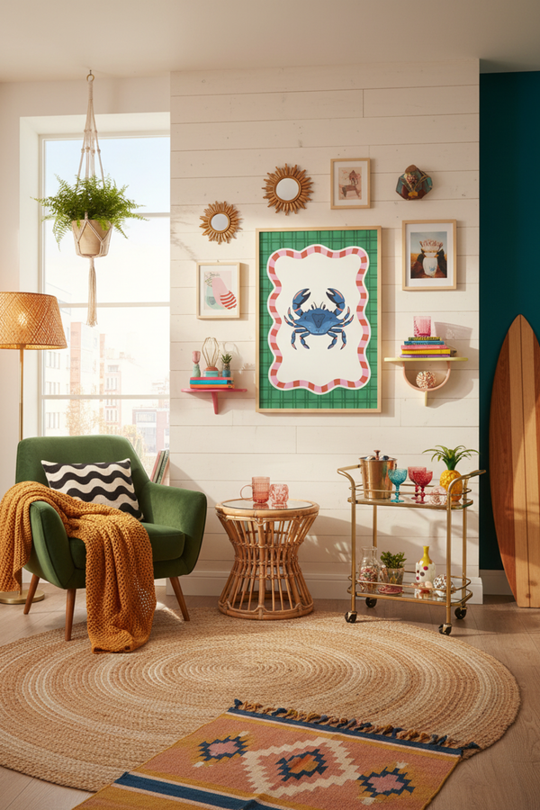 Playful Blue Crab Art Print shown framed in a modern room setting