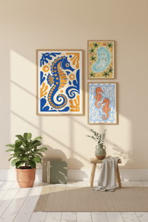 Playful Blue Seahorse Art Print as part of a gallery wall arrangement