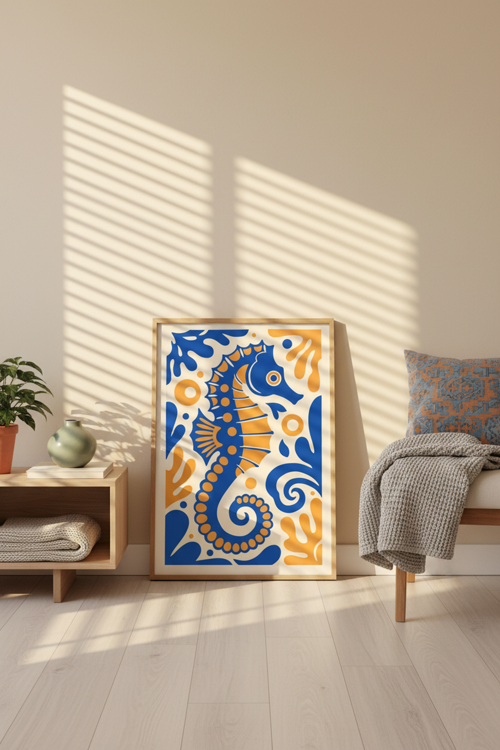 Playful Blue Seahorse Art Print shown framed in a modern room setting