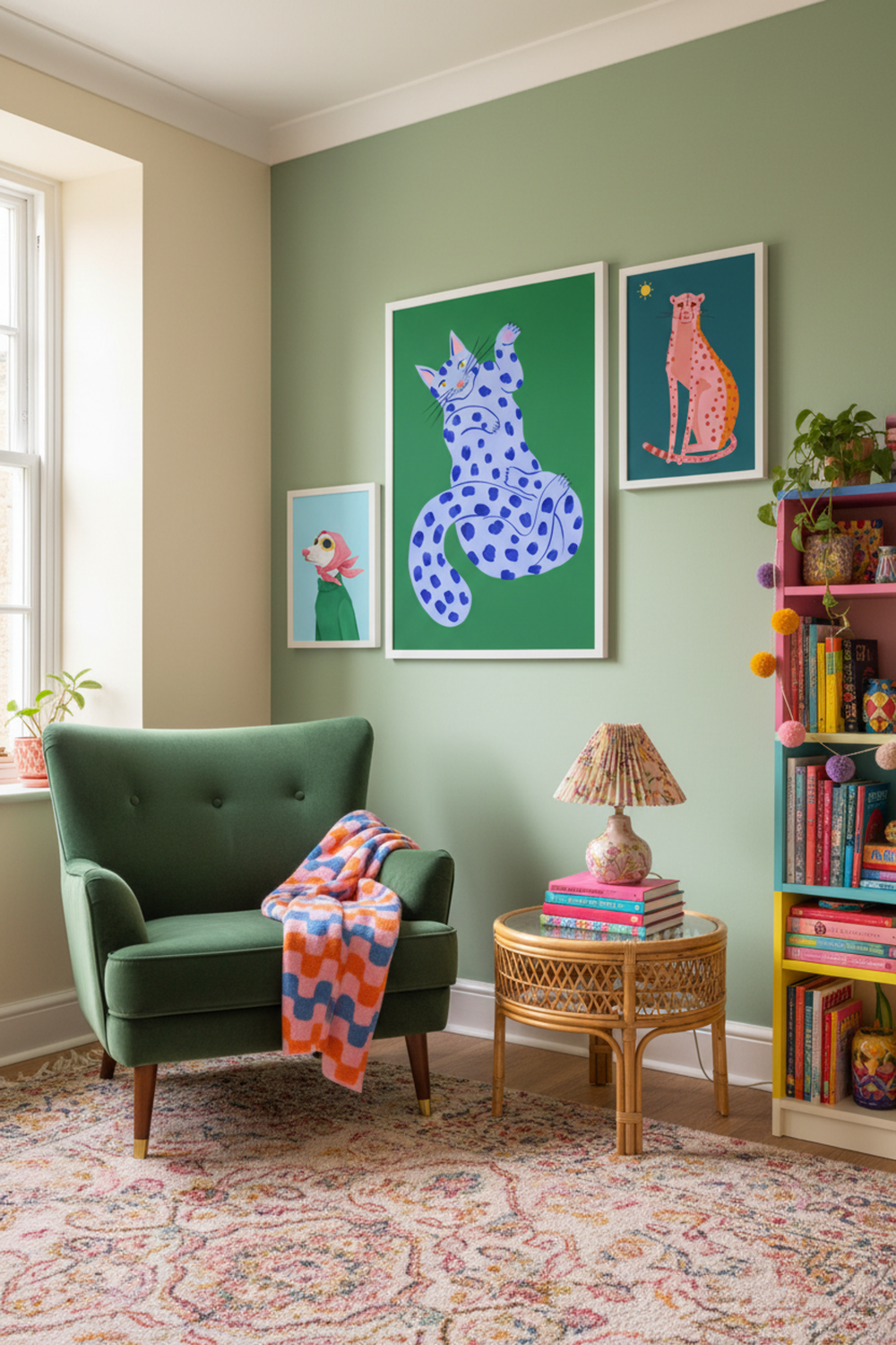 Playful Blue Spotted Cat Art Print as part of a gallery wall arrangement