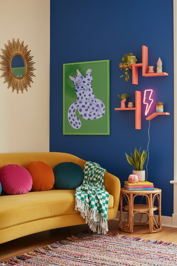 Playful Blue Spotted Cat Art Print shown framed in a modern room setting