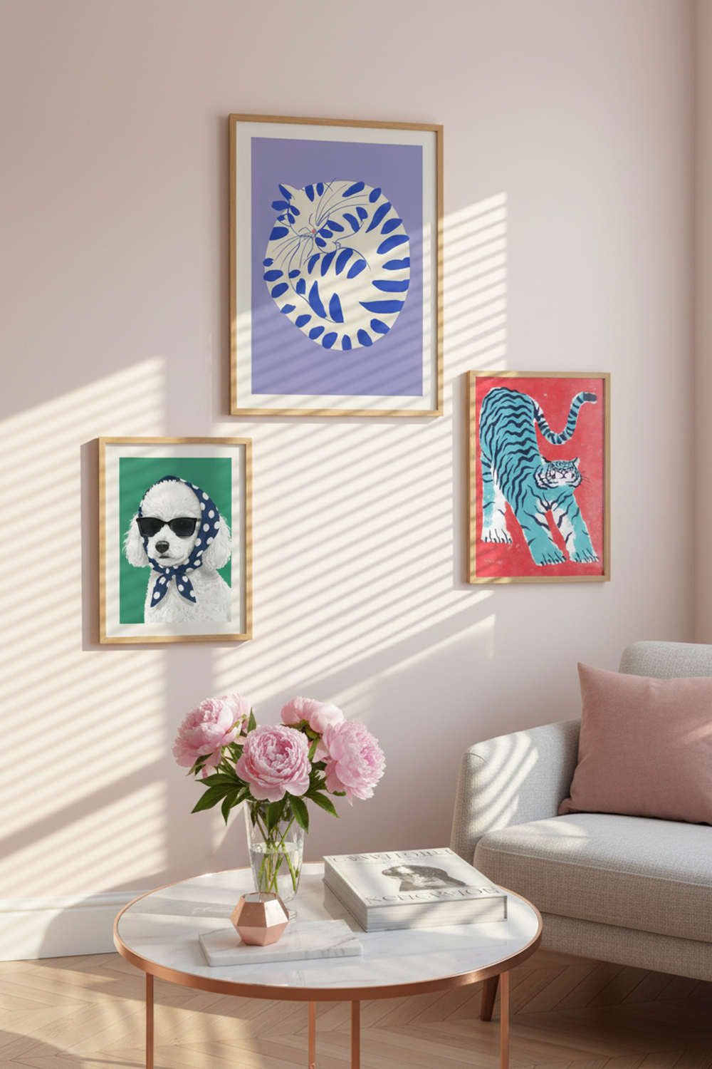 Playful Blue Striped Cat Art Print as part of a gallery wall arrangement