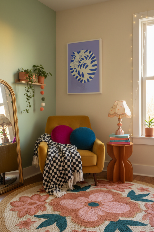 Playful Blue Striped Cat Art Print shown framed in a modern room setting