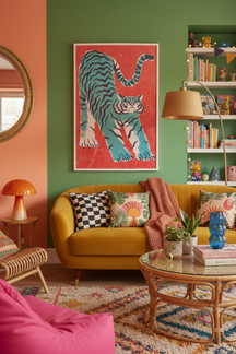 Playful Blue Tiger Art Print shown framed in a modern room setting