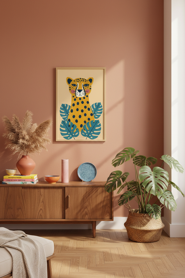 Playful Cheetah and Leaves Art Print shown framed in a modern room setting