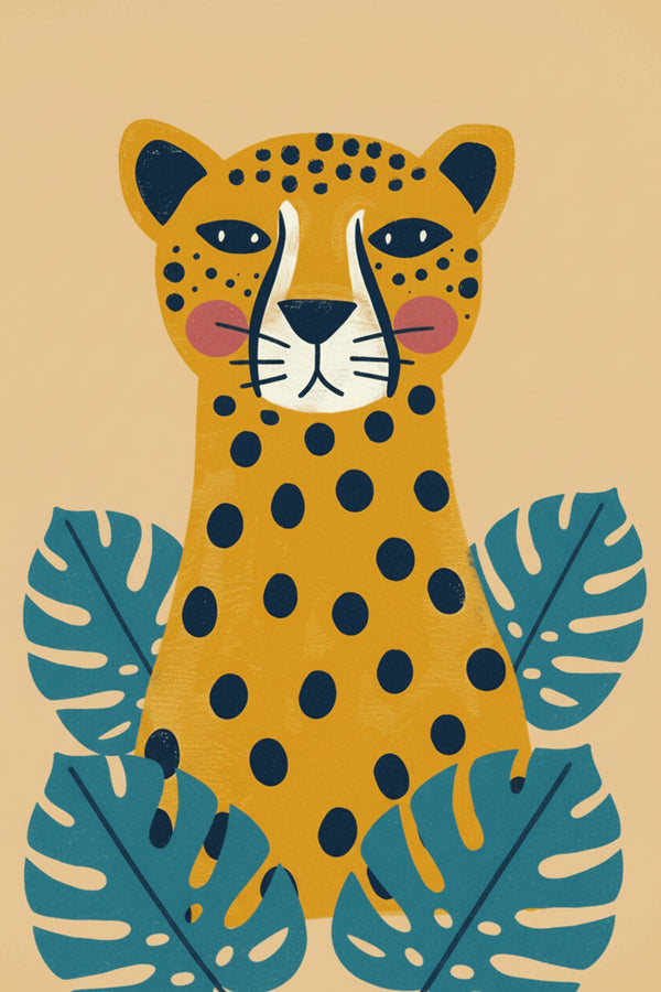 Playful Cheetah and Leaves Art Print – wall art print by LOUDHAUS