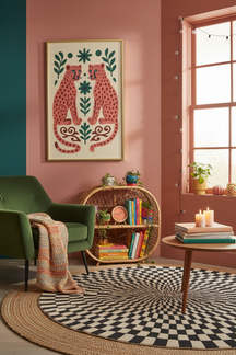 Playful Cheetah Duo Art Print shown framed in a modern room setting