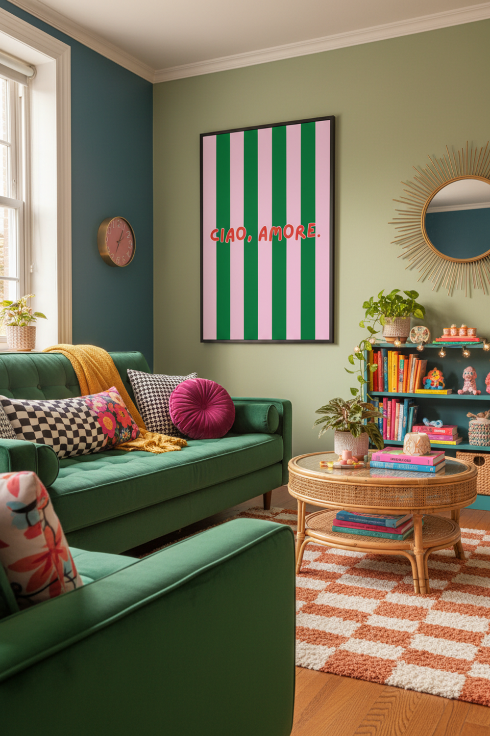 Playful Ciao Amore Typography Print shown framed in a modern room setting