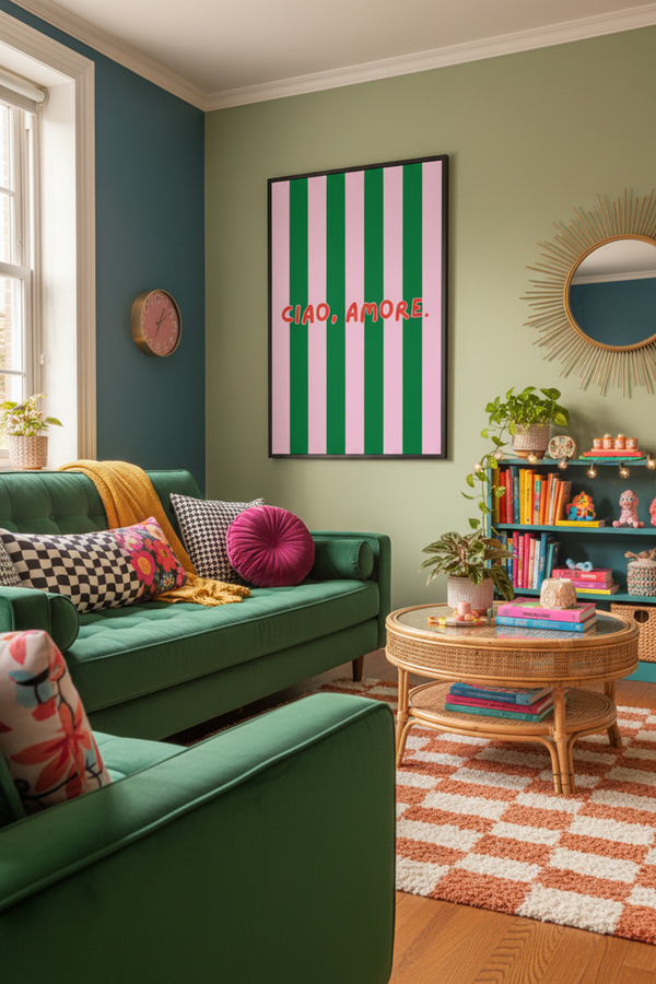 Playful Ciao Amore Typography Print shown framed in a modern room setting