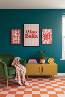 Playful Ciao Bella Typography Art Print as part of a gallery wall arrangement