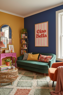 Playful Ciao Bella Typography Art Print shown framed in a modern room setting