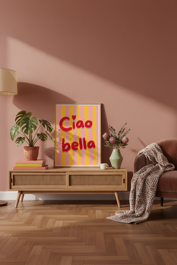 Playful Ciao Bella Typography Art Print shown framed in a modern room setting