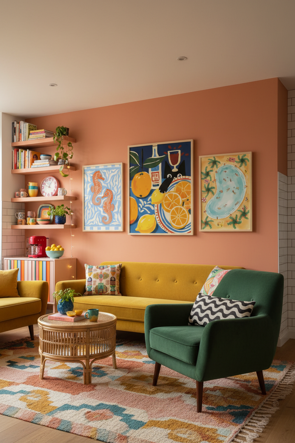 Playful Citrus Cat Still Life Art Print as part of a gallery wall arrangement