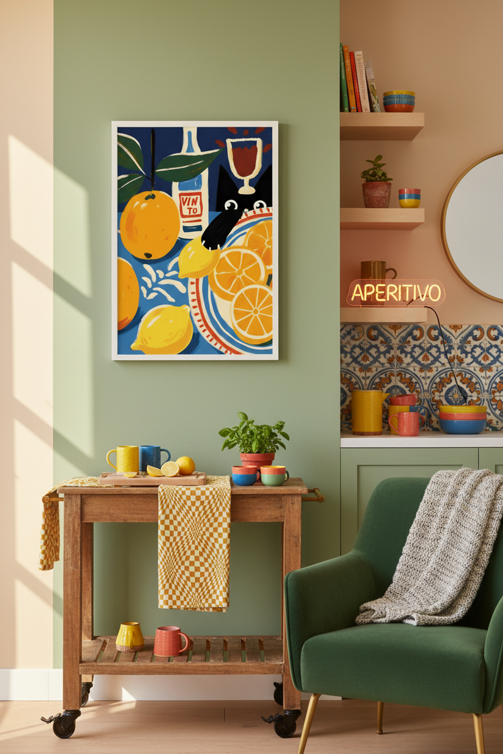 Playful Citrus Cat Still Life Art Print shown framed in a modern room setting