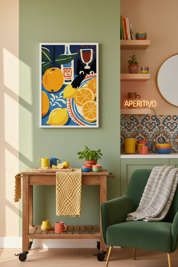 Playful Citrus Cat Still Life Art Print shown framed in a modern room setting