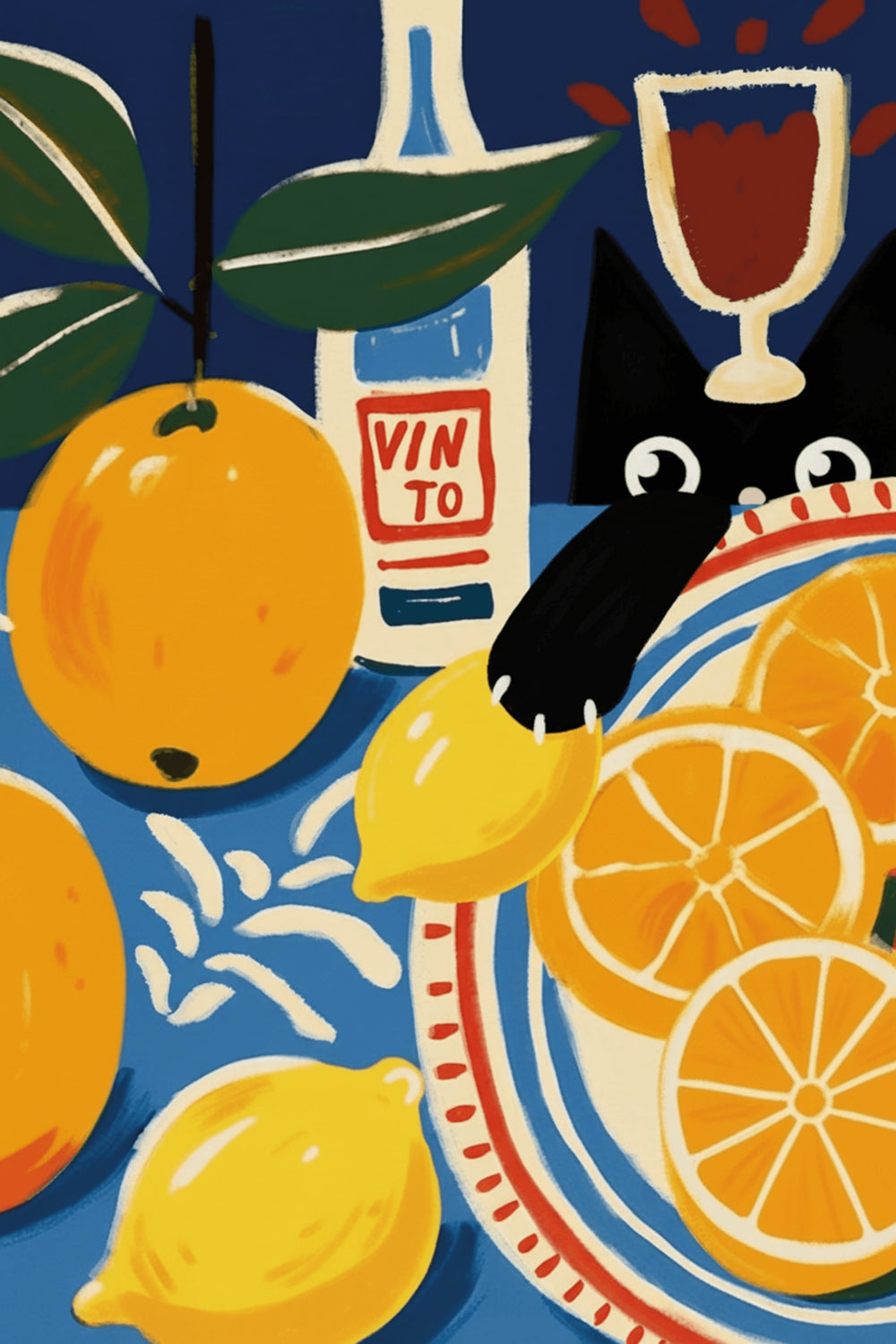 Playful Citrus Cat Still Life Art Print – wall art print by LOUDHAUS