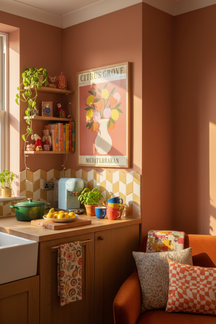 Playful Citrus Grove Art Print shown framed in a modern room setting